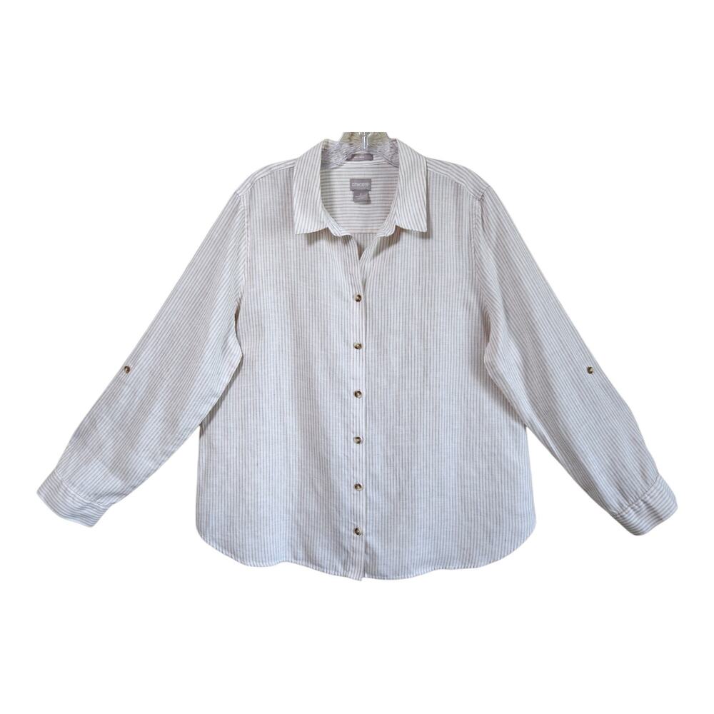 CHICO'S 2 Women's 12 14 Linen Blouse Button Up Vertical Stripes Tan White 44"